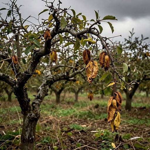 Photograph of a weathered orange tree with yellow, dried fruit hanging from branches, set against a cloudy sky and grassy orchard background.