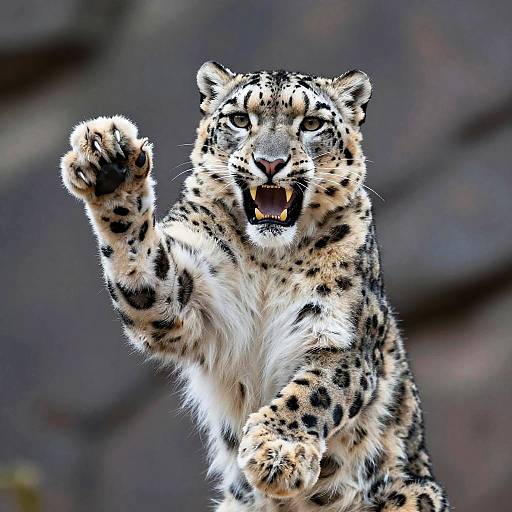 Photograph of a roaring snow leopard with raised front paw, displaying sharp claws and fierce expression against a blurred, dark background.