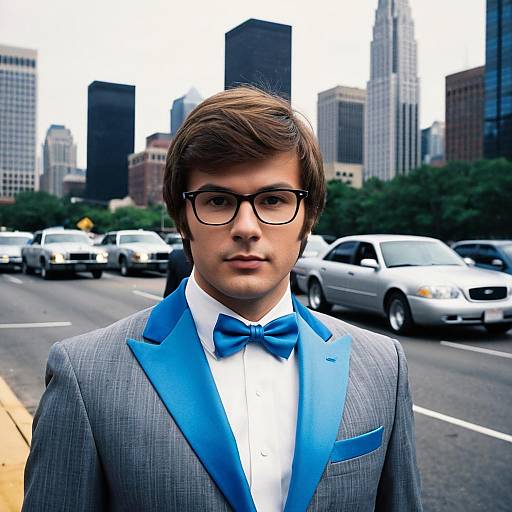 Young Man in Blue Trimmed Suit with Glasses in Urban Setting
