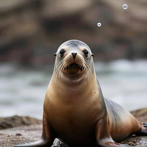 Photograph of a curious seal lying on a rocky shore, with water droplets in the background and a blurred, natural setting.