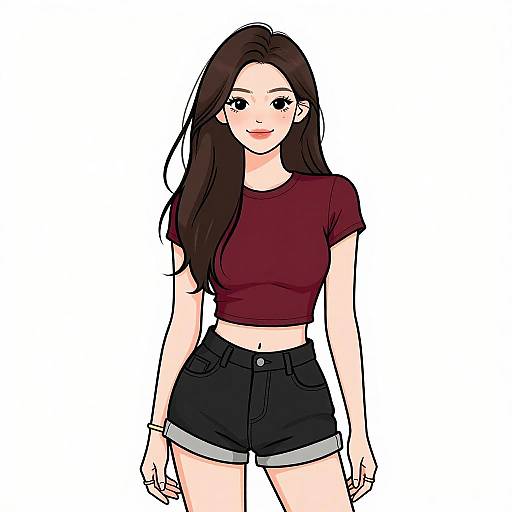 Digital illustration of a young woman with long brown hair, wearing a maroon crop top and black high-waisted shorts, standing against a white background