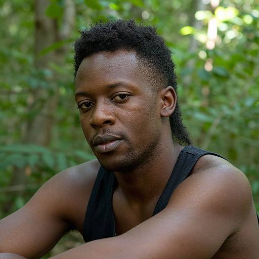 Photograph of a serious-looking, dark-skinned Black man with short, curly hair, wearing a black tank top, sitting in a lush, green