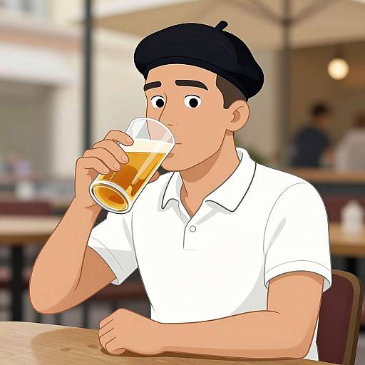Digital illustration of a young man with light skin, black beret, white polo shirt, drinking beer at a café. Blurred background.