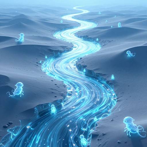 Digital artwork of a glowing blue river winding through snowy dunes, with translucent jellyfish floating along its path.