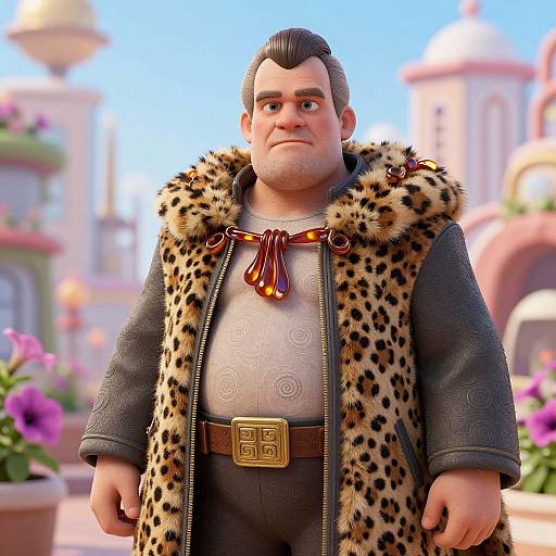 Cartoon man with short black hair, fair skin, wearing a leopard-print fur vest over a gray patterned shirt, brown belt with a gold square
