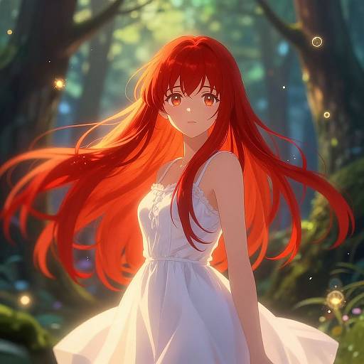 Digital anime-style illustration of a red-haired girl with glowing eyes, wearing a white dress, standing in a sunlit forest with fireflies.