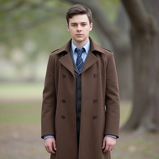 Photograph of a young Caucasian man with short brown hair, wearing a dark brown overcoat, blue shirt, and striped tie, standing in a blurred
