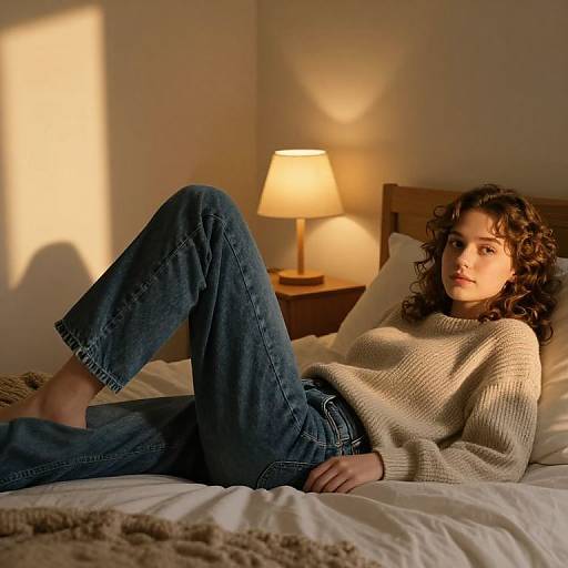 Photograph of a curly-haired woman in a beige sweater and blue jeans, lying on a sunlit bed with a warm lamp in the background.