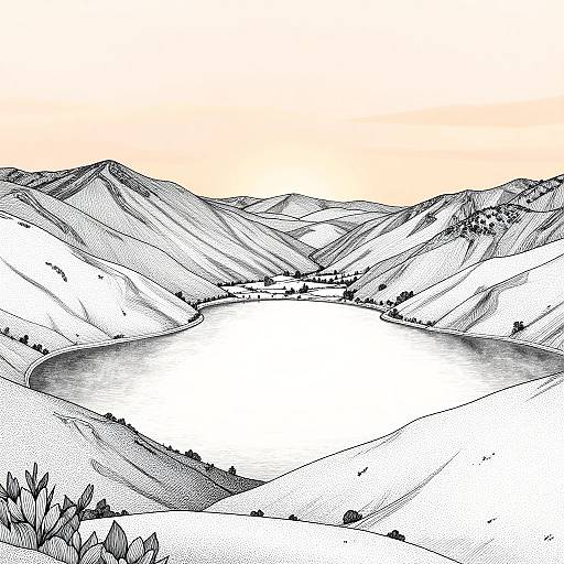 Ink-style drawing of a serene, snow-capped mountain landscape with a bright, reflective lake at the center under a gradient orange sky.
