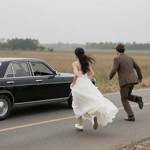 Runaway Bride Fleeing Vintage Car