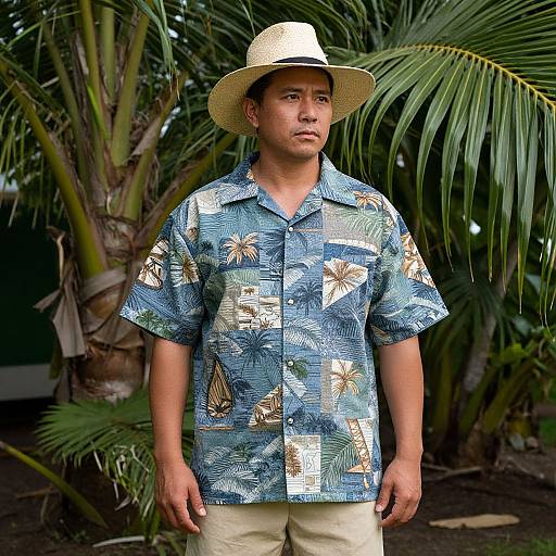 Photograph of a tan-skinned man in a blue, tropical-patterned shirt and beige pants, wearing a straw hat, standing in front of lush