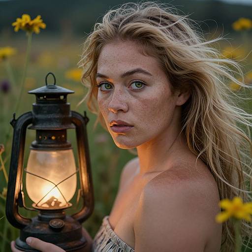 Photograph of a freckled, blonde, green-eyed woman holding an antique lantern in a sunlit meadow with yellow flowers, wearing a strap