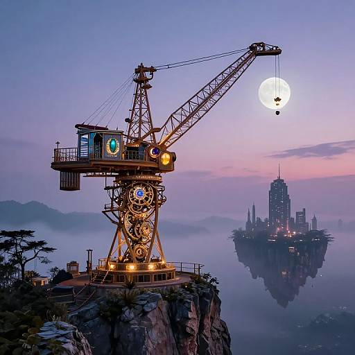 Futuristic crane with glowing blue and green lights, lifting moon with small satellite, against twilight sky and misty floating cityscape.