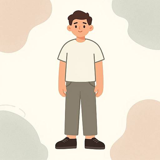 Cartoon-style digital drawing of a smiling boy with short brown hair, wearing a white t-shirt, gray pants, and black shoes, standing against a