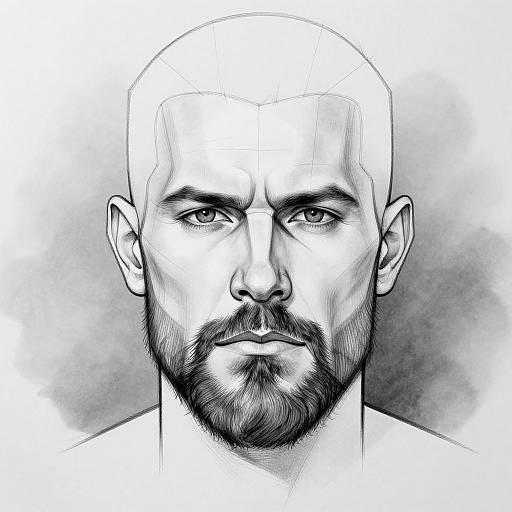 Black-and-white digital drawing of a bald, bearded man with intense eyes, strong jawline, and serious expression, in a minimalist style.