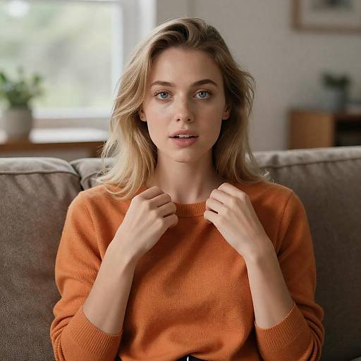 Blonde Woman in Orange Sweater Sitting on Couch