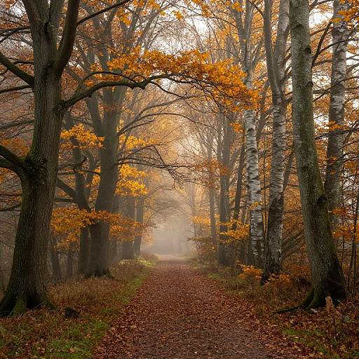 Photograph of a misty autumn forest path lined with tall birch trees, covered in orange and yellow leaves, and a carpet of fallen leaves.