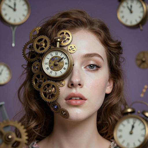 Digital artwork of a pale-skinned woman with wavy brown hair, half her face replaced with intricate brass gears and clock mechanisms, against a purple background