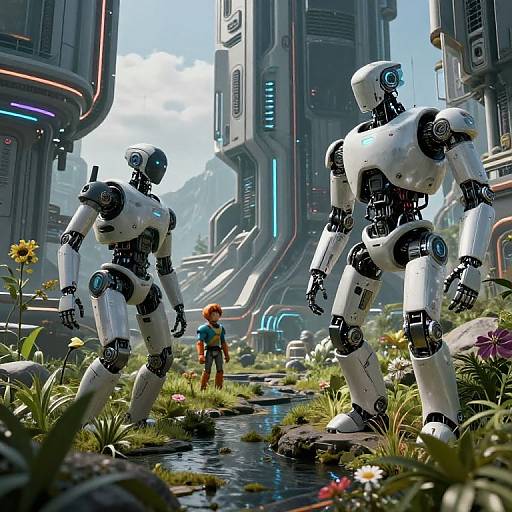 Photorealistic CGI of two white humanoid robots standing in a futuristic cityscape beside a small stream, with colorful flowers and a small child in the background