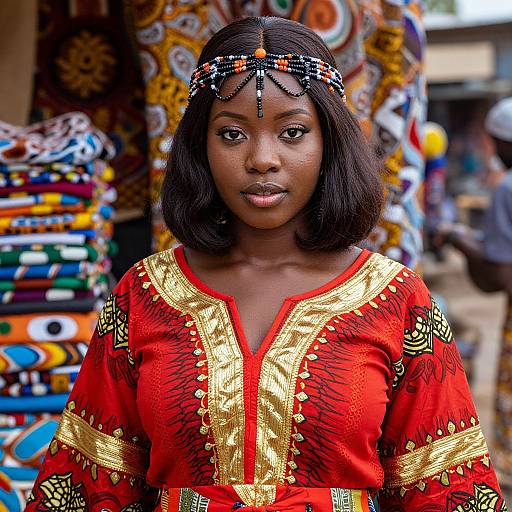 Photograph of an African woman with dark skin, black shoulder-length hair, wearing a red dress with gold patterns, and a beaded headpiece,
