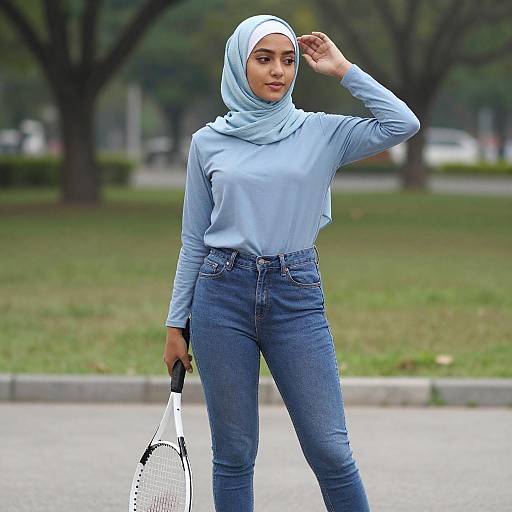 Young Woman with Tennis Racket Outdoors