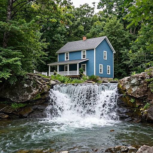 Photograph of a blue two-story house with white trim, nestled among dense green trees, with a small waterfall cascading in front.