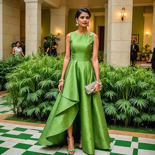 Tall Woman in Moss-Green Tussar Dress