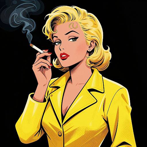 Digital pop art of a blonde woman with red lipstick, smoking a cigarette, wearing a yellow blazer, against a black background.