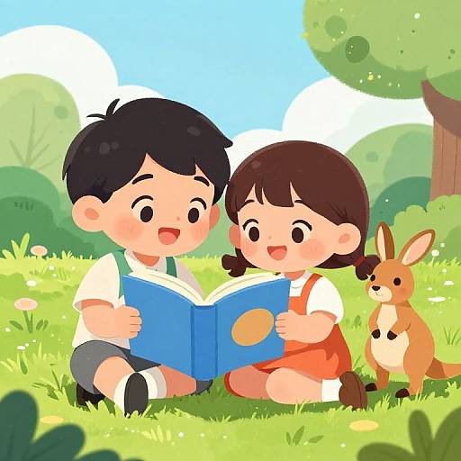 Colorful digital illustration of a black-haired boy and brown-haired girl, both smiling, reading a blue book in a sunny grassy field with a kang