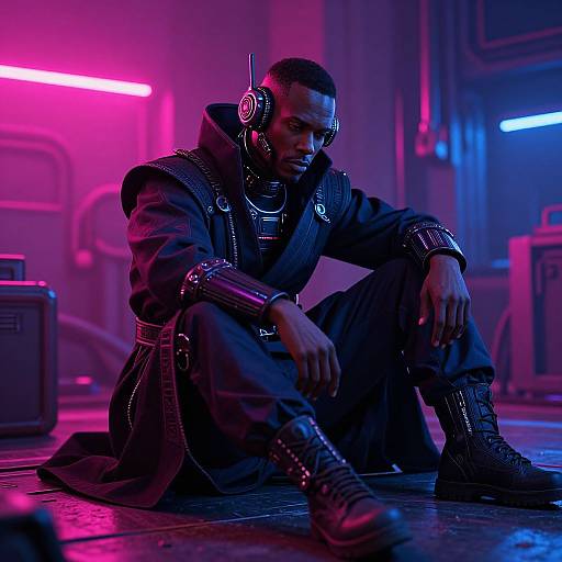 Photograph of a serious Black man with short hair, wearing a dark, futuristic coat, headphones, and boots, seated in a neon-lit industrial