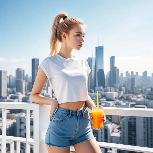 Young Woman with Orange Juice on City Balcony