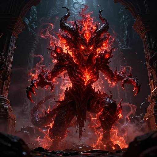 Digital artwork of a fiery, demonic creature with glowing red eyes, black horns, and glowing red flames enveloping its dark, twisted body in a dim