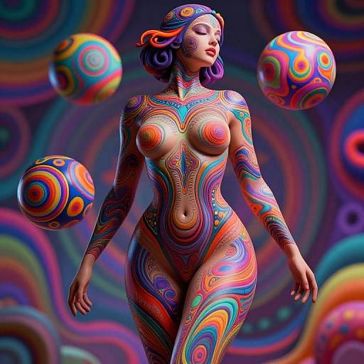Digital artwork of a nude, curvy woman with vibrant, psychedelic patterns covering her body, floating colorful spheres in a swirling background.