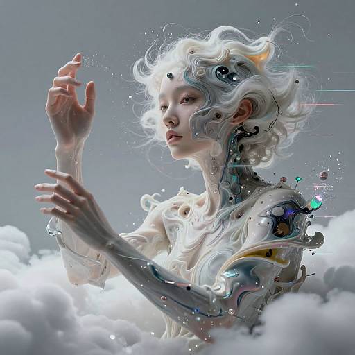 Digital artwork of a surreal, ethereal woman with flowing white hair, glowing skin, and cybernetic parts, surrounded by clouds and light. Her