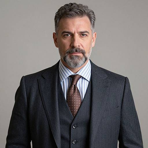Photograph of a middle-aged man with gray hair and beard, wearing a dark gray three-piece suit, white striped shirt, and brown patterned tie