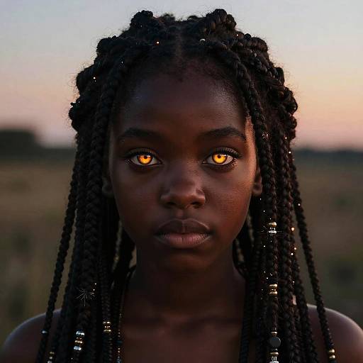 Photograph of a dark-skinned, young African woman with glowing orange eyes, long twisted braids adorned with beads, against a blurred sunset background.