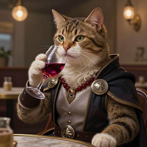 Photorealistic digital art of a tabby cat in medieval-style armor, sipping red wine at a cozy, dimly-lit café.