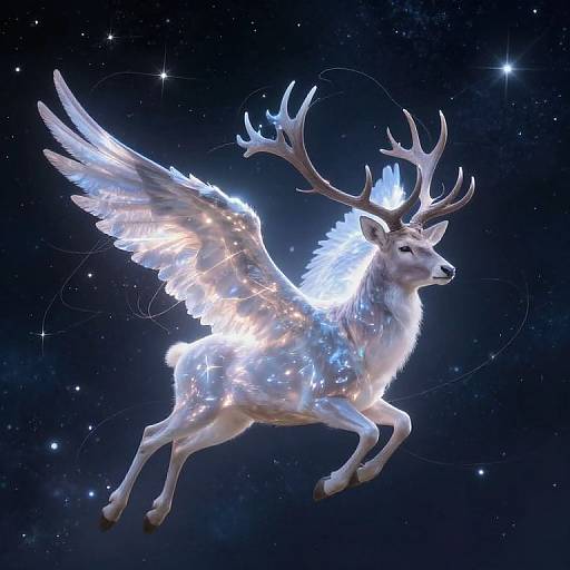 Digital artwork of a glowing, ethereal, white-winged deer with antlers, floating in a starry, cosmic night sky. Bright, lum