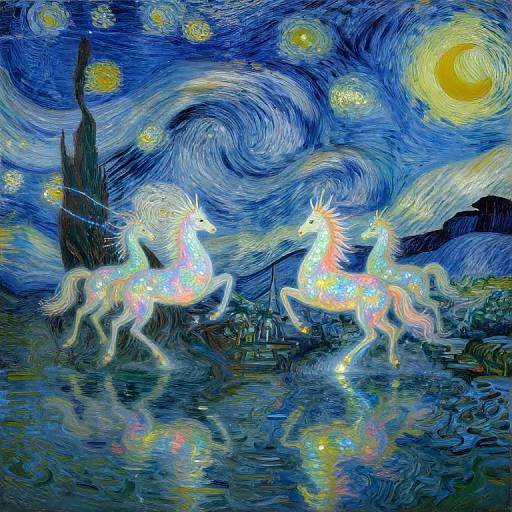 Digital painting of two glowing, rainbow-maned unicorns dancing under a swirling, starry night sky with a bright yellow moon in the Van Gogh