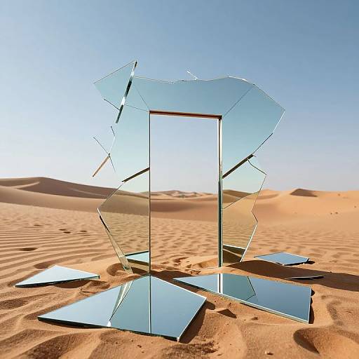 Photograph of a shattered glass mirror frame standing in a desert, with clear blue sky and golden sand dunes in the background.