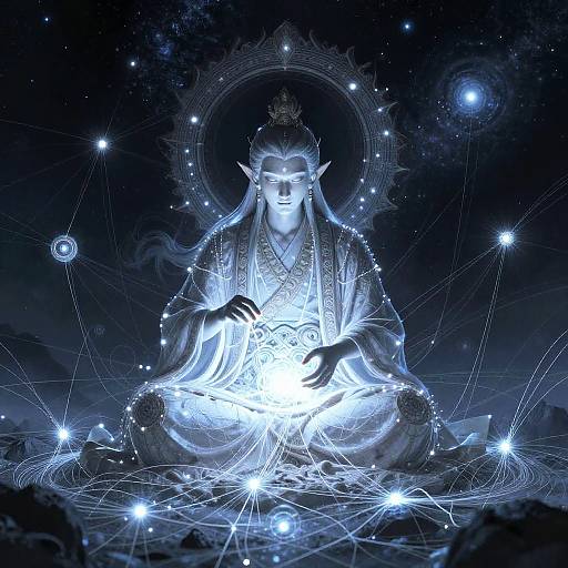 Digital artwork: Glowing blue Buddha with elongated ears, meditating cross-legged, surrounded by stars, constellations, and intricate luminous patterns