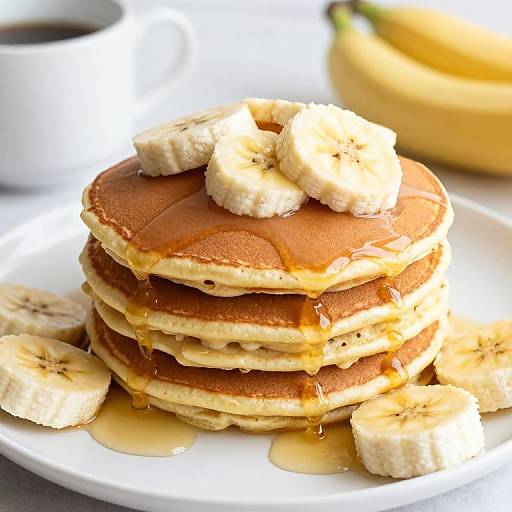 Photograph of golden-brown pancakes with banana slices and syrup, stacked high on a white plate, with a blurred cup of coffee in the background.