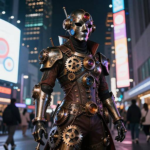 Photograph of a futuristic, steampunk-style robot in a neon-lit city street, wearing metallic armor with gears and colorful lights, standing amidst