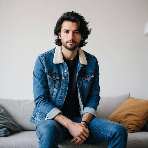 Young man in denim jacket sitting on sofa