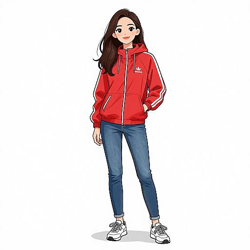 Digital anime-style drawing of a young woman with long brown hair, wearing a red hooded jacket, blue jeans, and white sneakers, standing against a