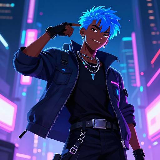 Digital anime-style drawing of a confident, blue-haired man with dark skin, neon city background, wearing a black jacket, necklace, and fingerless gloves