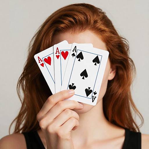 Red-haired woman holding playing cards