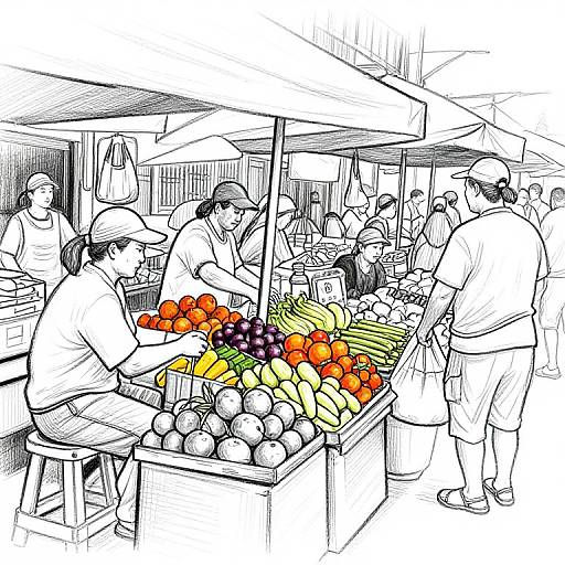 Monochrome Line Drawing Street Market