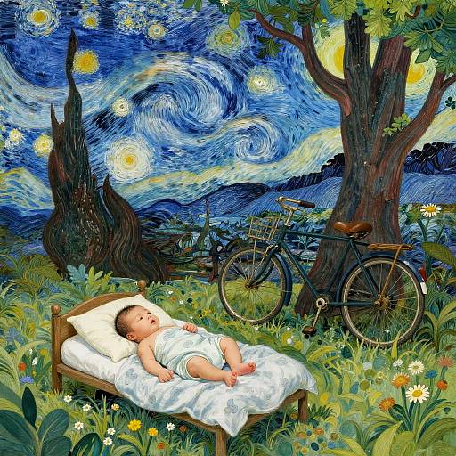 Digitally illustrated scene of a sleeping baby in a white onesie on a wooden bed, surrounded by vibrant flowers, a bicycle, and a tree,