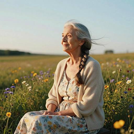 Photograph of an elderly woman with silver hair in a braid, wearing a floral dress and beige cardigan, sitting in a sunlit field of